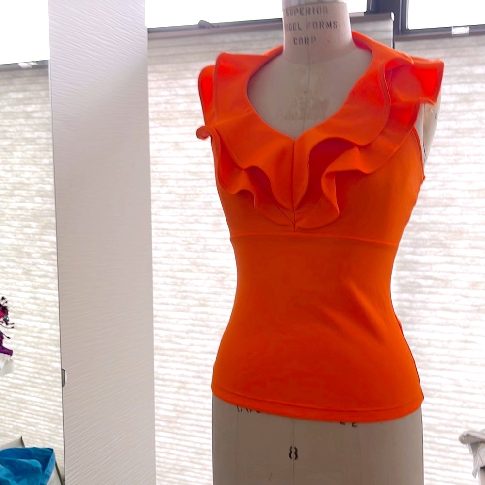 bright orange ruffle neck halter top size med
